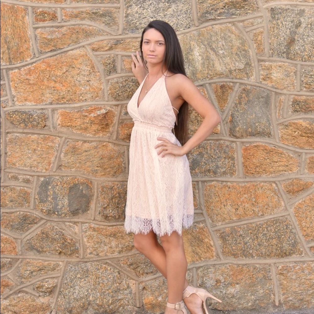 Cream with white lace halter neck dress